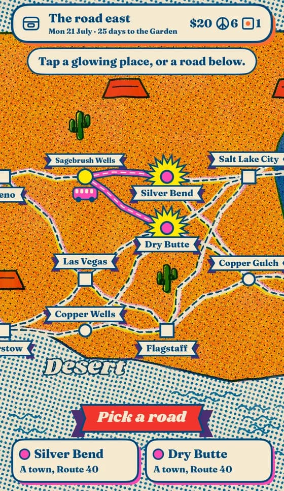 The road east as a desert map of towns joined by dotted roads