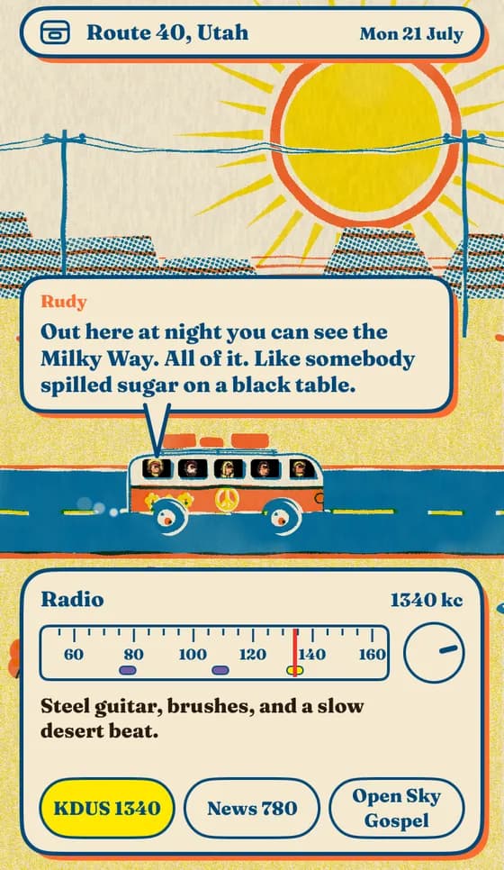 The bus on Route 40 under a huge sun, a friend talking about the Milky Way, and the radio tuned to KDUS